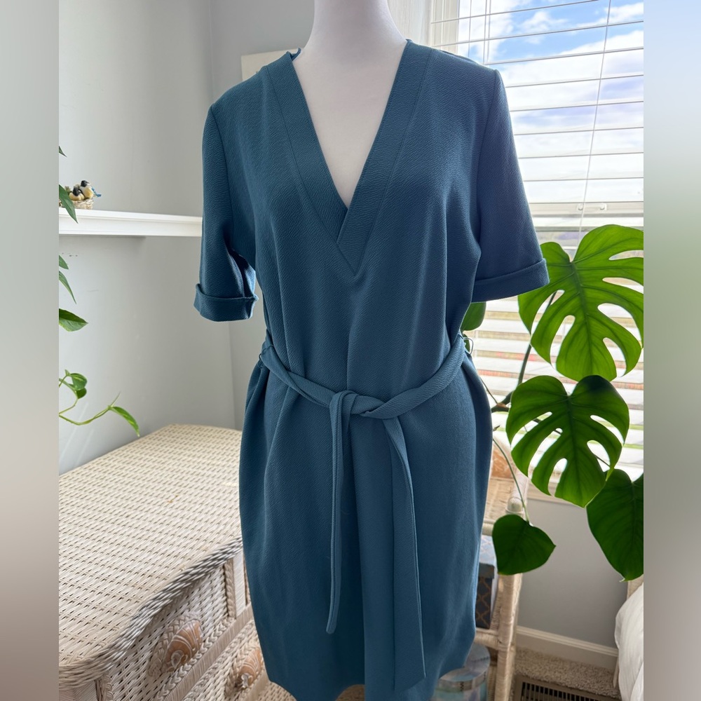 Blue V-Neck Belted Dress